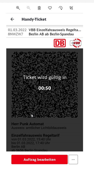 Das Bild zeigt ein Handytickets in der App "DB Navigator"