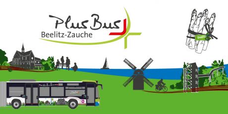 Plus Bus Beelitz-Zauche in einer Landschaft mit örtlichen Sehenswürdigkeiten