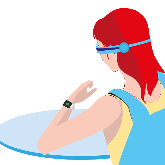 Frau mit Smartwatch und Wearable am Tisch sitzend